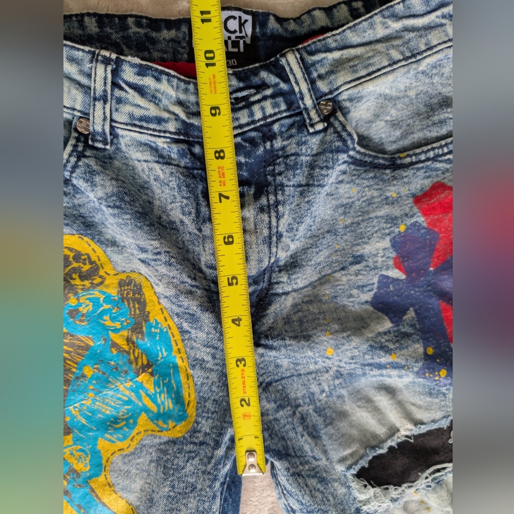 Womens Distressed Moto Skinny Jeans Streetwear Grunge Graffiti Acid Wash Sz 30 image 9